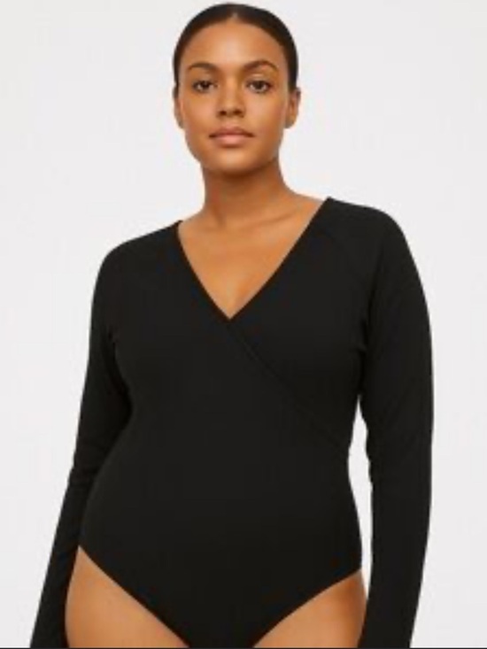 A Pea in the Pod Tops - A Pea in the Pod Black Wrap-Front Long Sleeve Bodysuit Sz. M